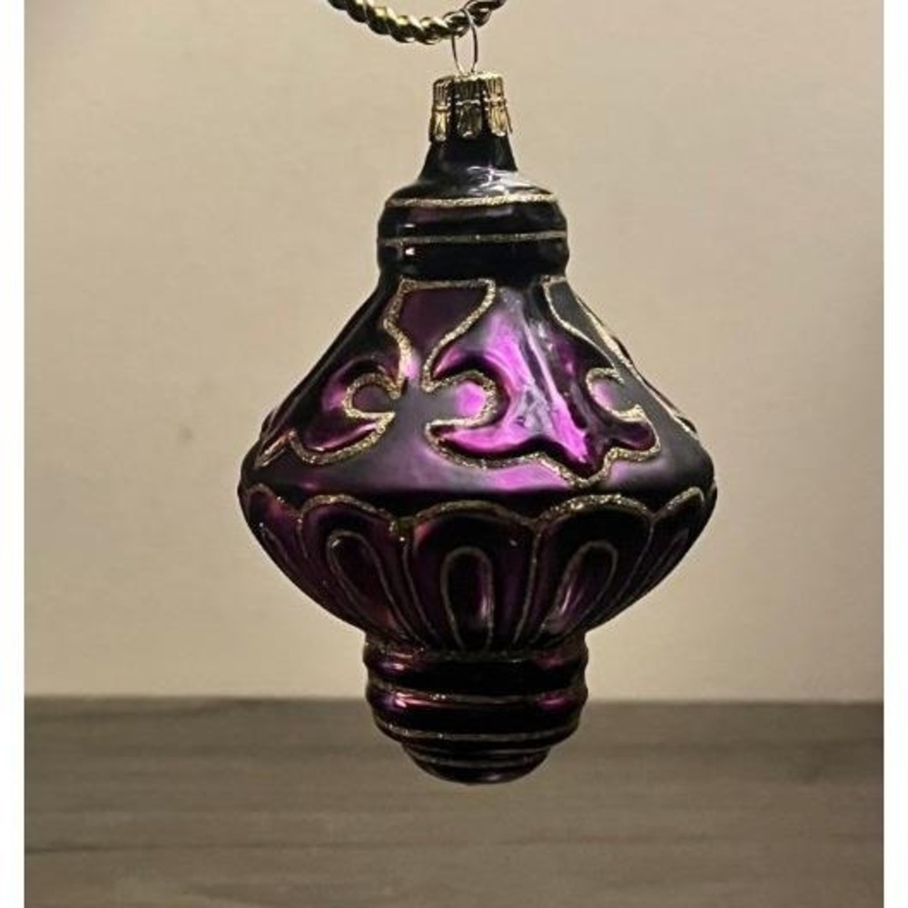 Vintage Czechoslovakia Hand Blown Purple Glass Christmas Ornament Gold Scroll 4"